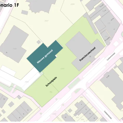 Plattegrond indeling schoolplein gymzaal en school Oldenzaal