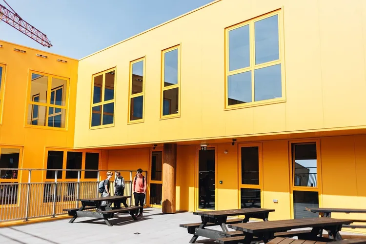 Dakterras gele gevel Hyperion Lyceum Amsterdam foto Barbara Trienen